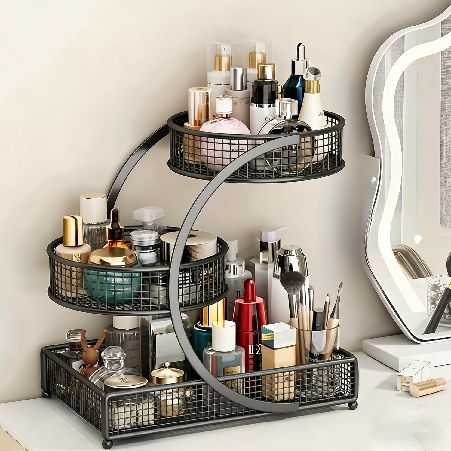 Makeup Organizer Countertop for Vanity, 3 Tier Bathroom Bedroom Counter Skincare Organizer Cosmetic Display Shelf Vanity Accessories for Women Multi-Purpose Metal Storage Rack for Home, Office