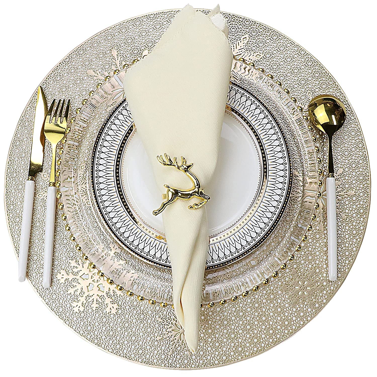 Christmas Round Gold Placemats of 6 for Dining Table Mats Set Wipeable Snowflake Placemats for Kitchen Table Plastic Soft PVC Place Mats Durable Heat Resistant Non-Slip Washable Table Mats