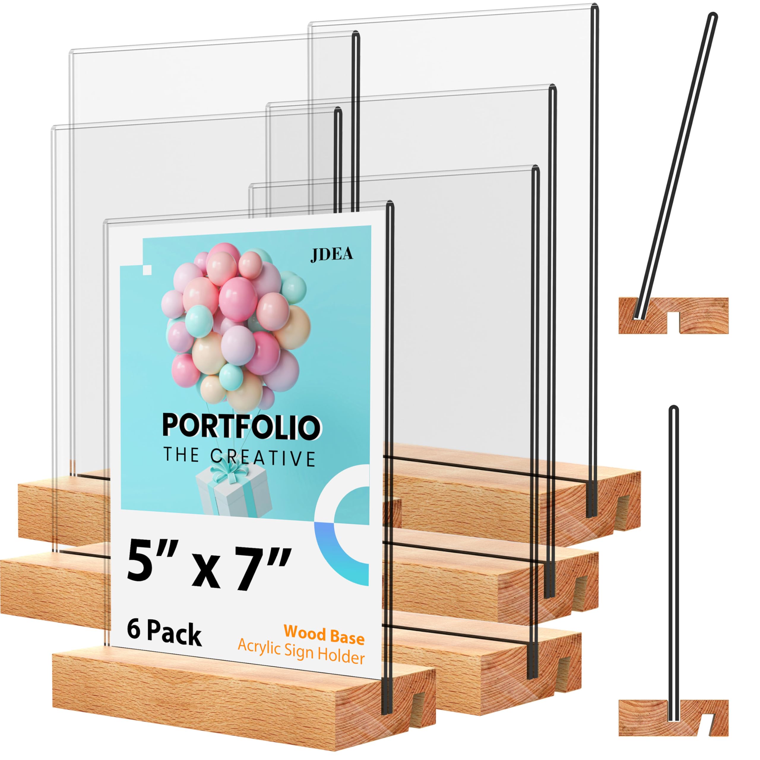 5x7 Inch Acrylic Sign Holder with Wood Base Vertical and Slant Displays(6 Pack 5*7")
