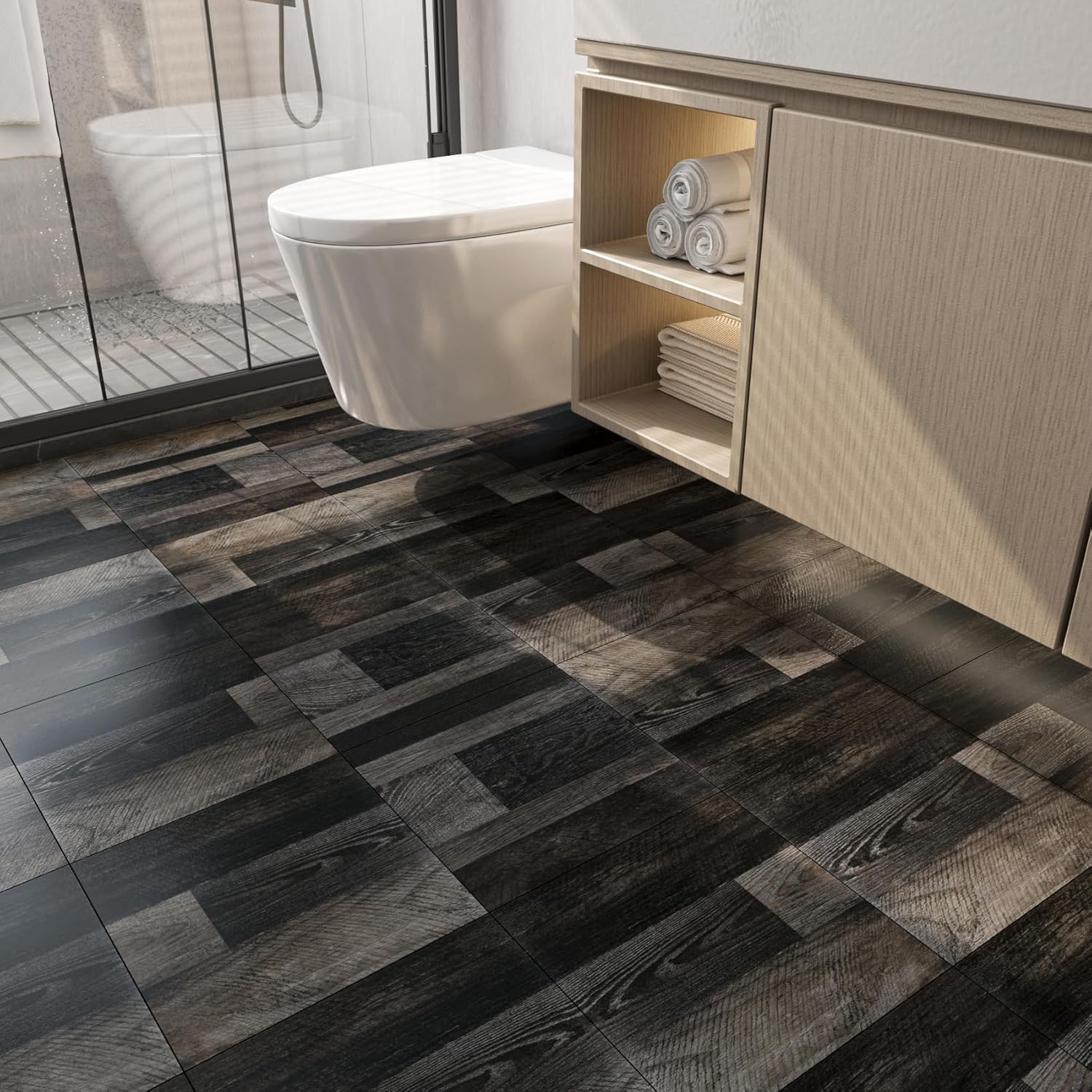 FunStick 30×30CM 30 Piastrelle Adesive Pavimento Nero Effetto Legno Pavimento in Vinile Adesivo Bagno Impermeabile Mattonelle in PVC Adesive per Cucina Scuro Adesivi Piastrelle Bagno Effetto Legno