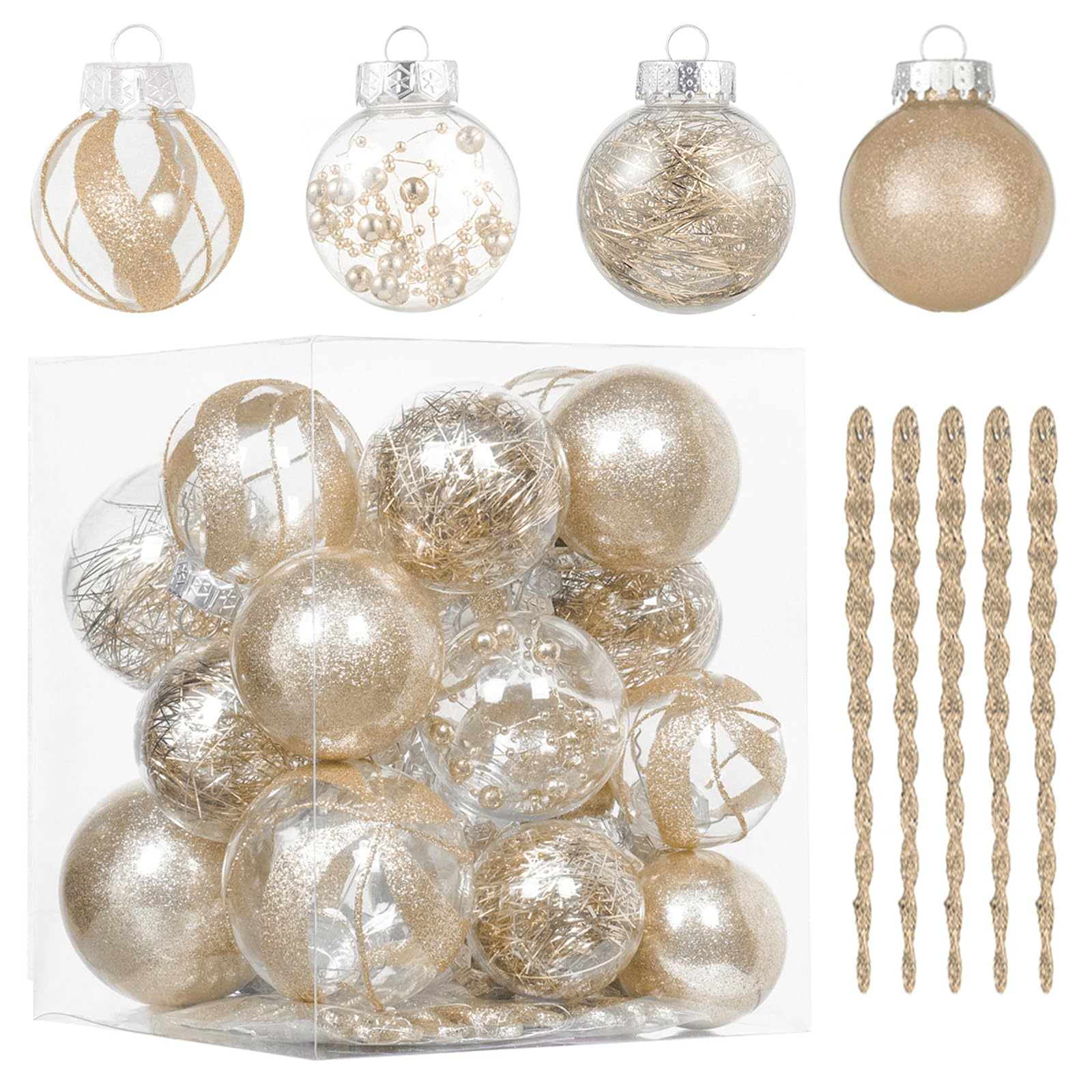 XmasExp 32ct Christmas Ball Ornaments Set -Champagne Clear Plastic Shatterproof Xmas Tree Ball Decorations Hanging Baubles for Holiday Decor