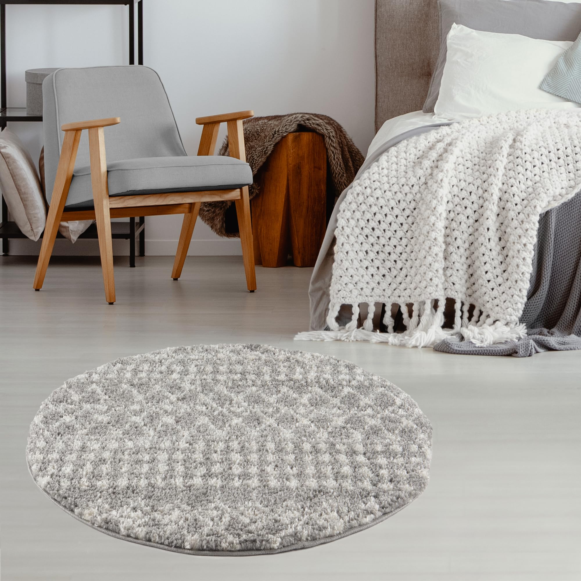 THE RUGS Modern Moroccan Design Living Room and Bedroom Rugs, Non-Shedding & Easy Care (Moroccan Grey/Ivory, 120 cm Round)