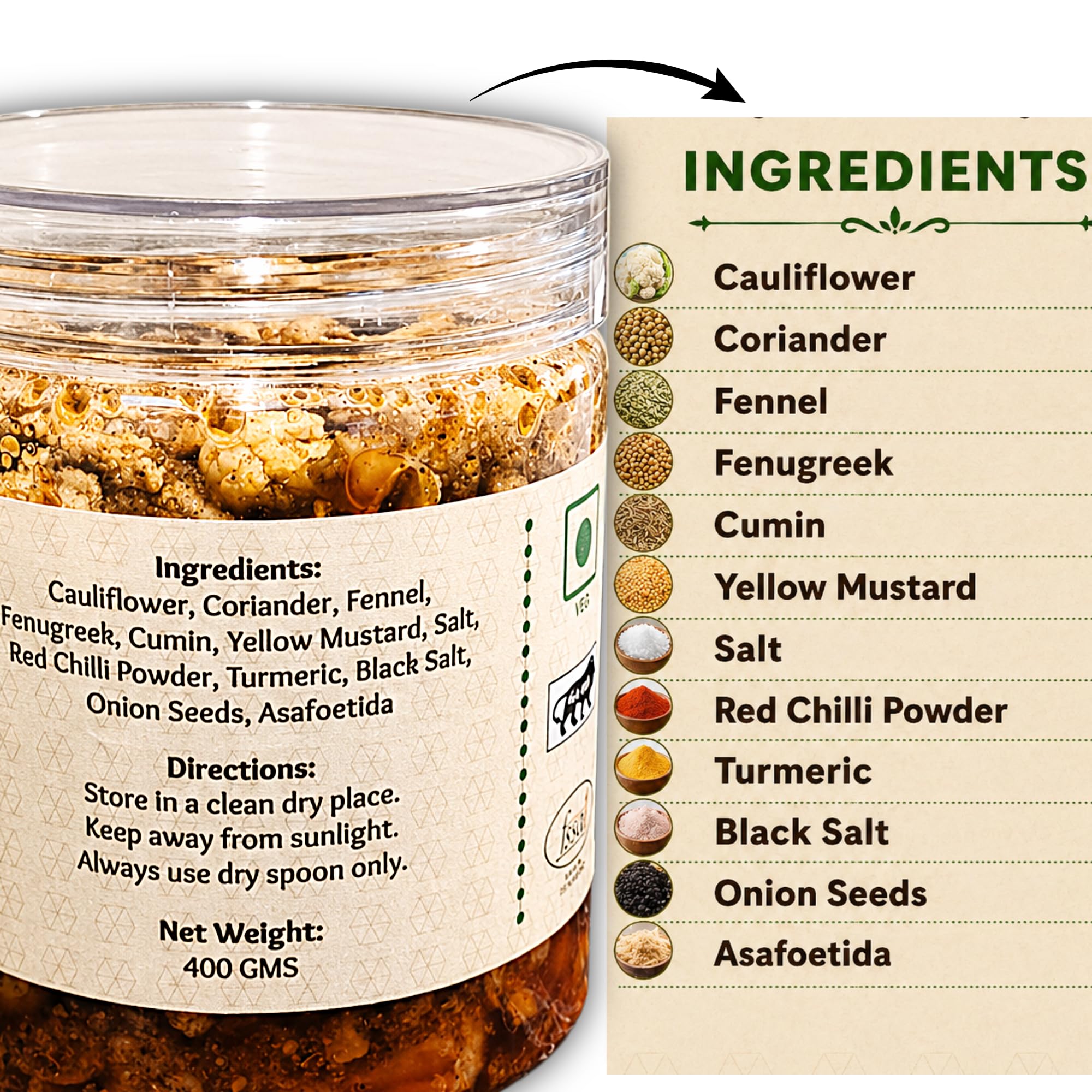 Homytangs Cauliflower Pickle 400g | Authentic Punjabi Recipe | Tangy Crunchy Delight 1