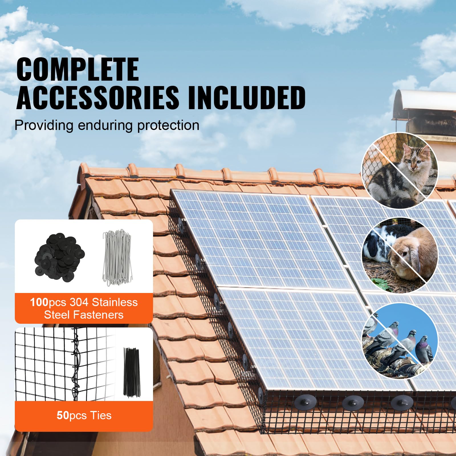 VEVOR Vogelschutz für Solarmodule, 20,3 x 30,5 m, Taubenabwehr Solaranlagengitter mit 100 Aluminiumlegierung-Verschlüssen, Solarmodul-Schutz mit rostfreier PVC-Beschichtung, 12 mm Quadratgitter