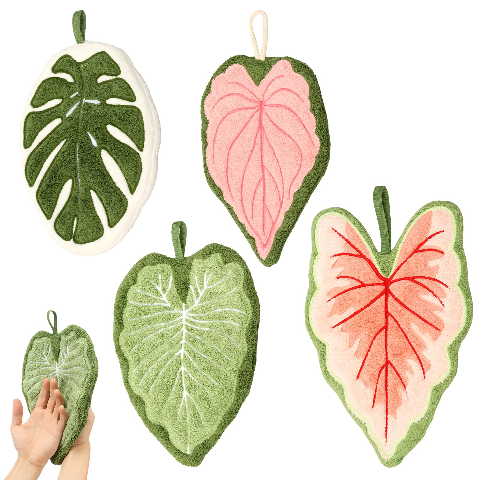 CBWERBB 4Pcs Hanging Hand Dry Towels for Kitchen,Cute Coral Fleece Leaf Shaped Hand Towels with Hanging Loop,Super Absorbent Quick Drying Towel for Bathroom Kitchen Living Room