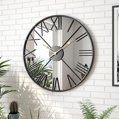 TopCity Reloj de pared con espejo de 20 pulgadas, grande, retro, redondo, para decoración de sala de estar, decoración moderna de pared de metal