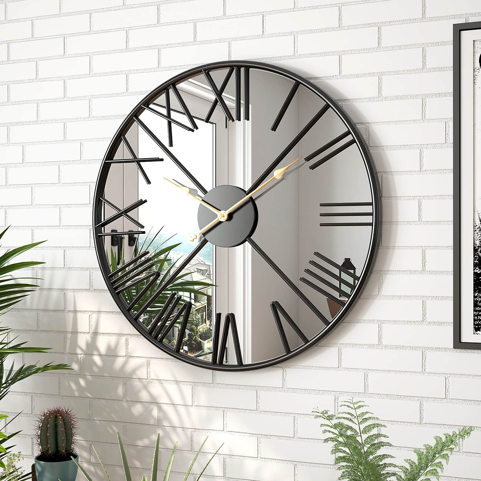 20inch Large Modern Mirror Wall Clock for Living Room,Decorative Metal Roman Numeral Big Clock Home Decor Silent Non Ticking Mirrored 50CM Wall Clocks for Kitchen, Bedroom, Study,Black Decoration