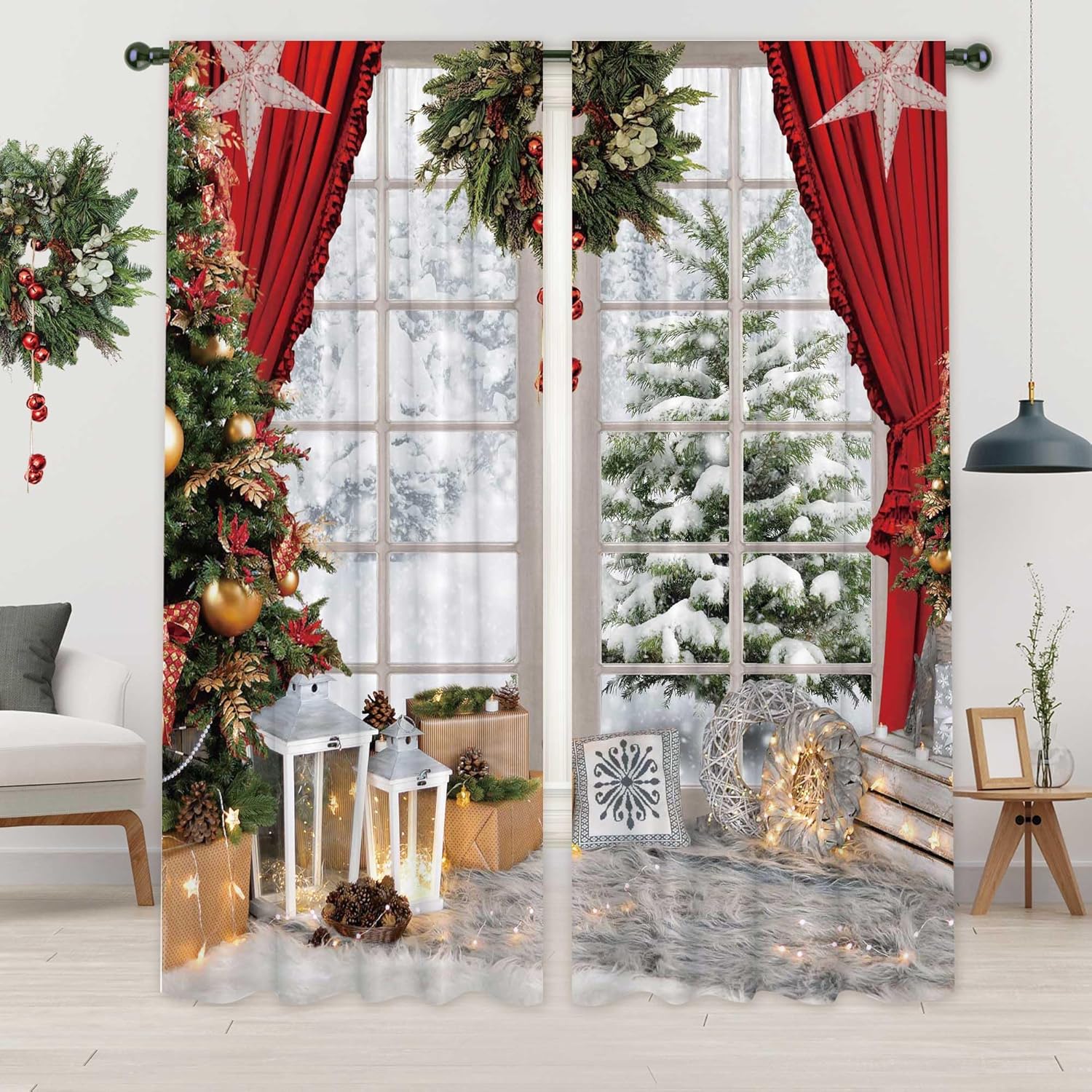 82" Wx 84" L Christmas Window Curtains Winter Snow Scene Snowflake Xmas Tree Decorations Curtains for Living Room Bedroom Kitchen Home Decor with Machine Washable,Fabric 2 Panels