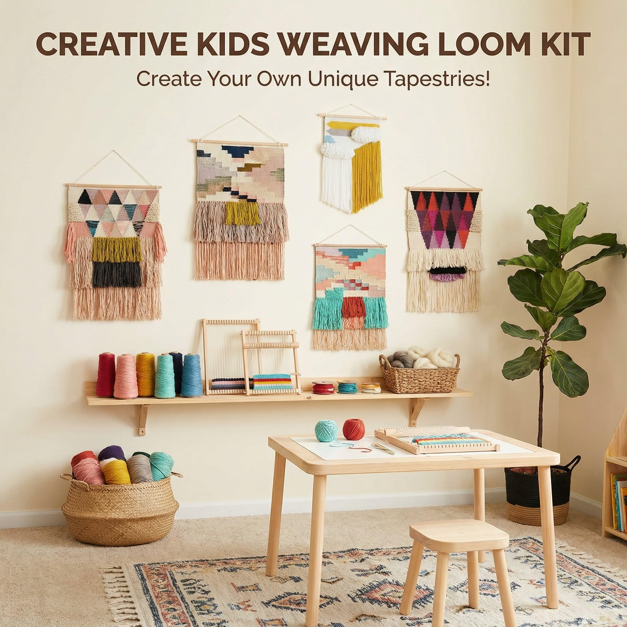 SOONHUA Métier à Tisser En Bois, Cadre Scolaire Avec Bateaux, Machine à Tricoter à la Main Bricolage,Kit de Métier Multi-Métier pour Débutants Et Enfants