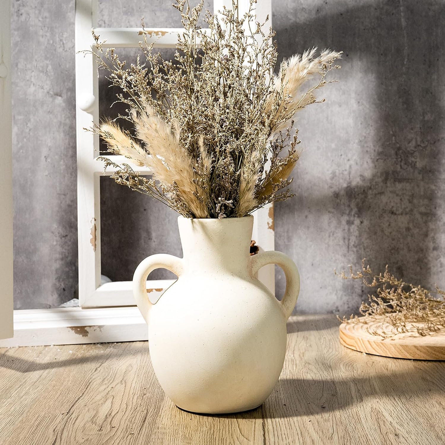 Rustic Ceramic Farmhouse Flower Vase with 2 Handles, Whitewashed Terra Cotta Vase, Decorative Pottery Flower for Home Decor, Table, Living Room, Shelf Decor, 7.3 Inch, White - Image 8