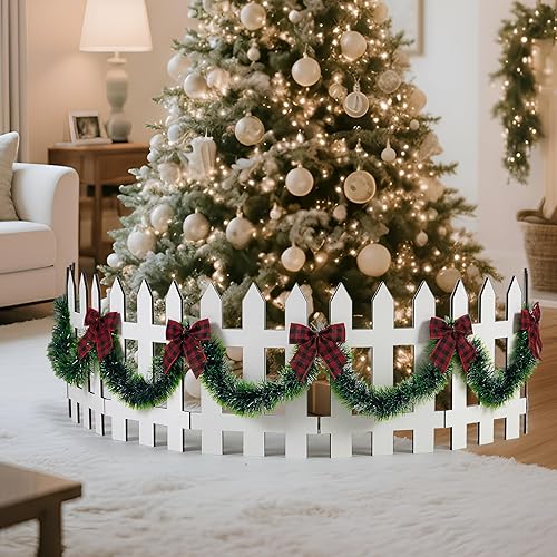 16 Inch Christmas Tree Fences Christmas Tree Gate White Wooden Picket Fence Barrier with Plaid Bows and Garland for Pets Dog Cat Xmas Decorations for Home, Wedding, Party, Garden