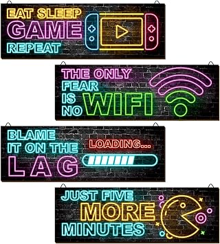 clothmile 4 Pcs Neon Gaming Decor for Boys Room Wooden Video Game Wall Art Motivational Quote Gamer Hanging Plaques Inspirational Wall Decor for Boys Kids Room Bedroom Playroom Decorations b