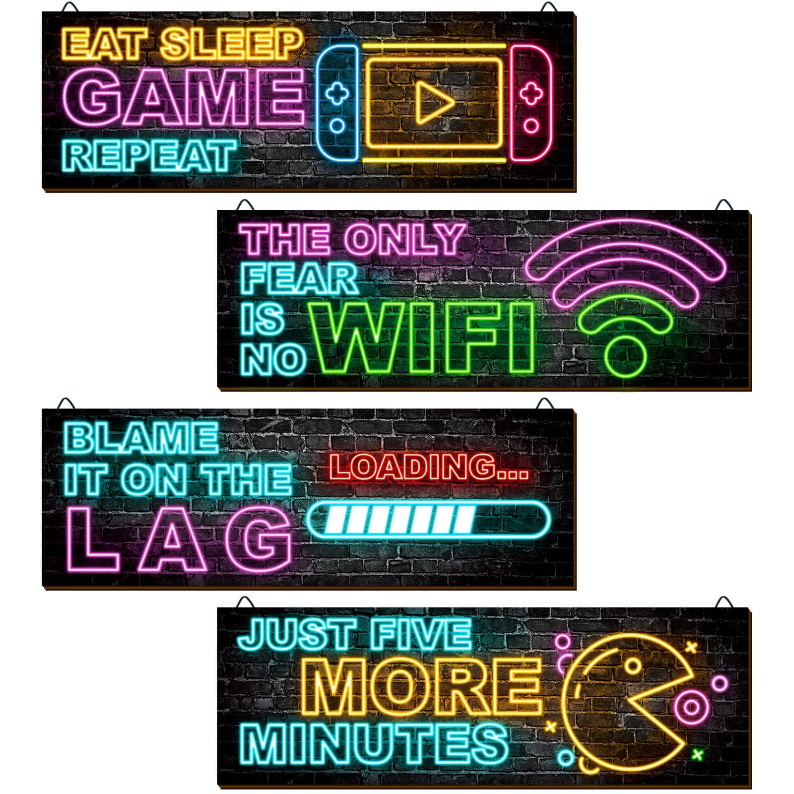 clothmile 4 Stück Neon-Gaming-Dekoration für Jungenzimmer, Holz-Videospiel, Wandkunst, motivierendes Zitat, Gamer, inspirierende Wanddekoration für Jungen, Kinderzimmer, Spielzimmer, Dekorationen (b)