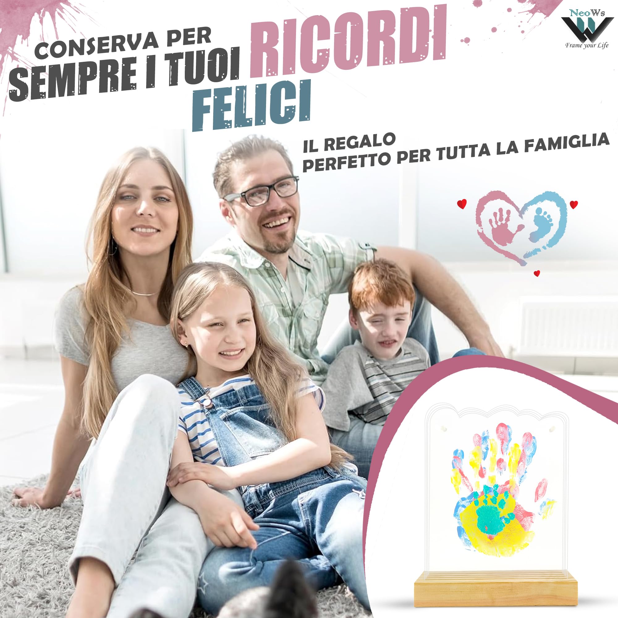 Kit impronte Mani Famiglia Con Base in Legno e Foglie a Forma di Nuvola per 4 Persone, Cornice Personalizzata per Dipingere le Mani del Bambino e Genitori Idee Regalo Originali Ricordi per Nonni