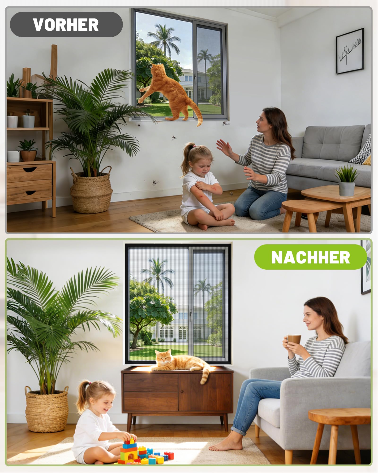 Katzennetz Fensterschutz Katzensicher Ohne Bohren Fliegengitter - 100x120cm Effektiver Insektenschutz Selbstklebend Kein Bohren Keine Beschädigung Kratzfest Für Mietwohnung Und Haus Fenster