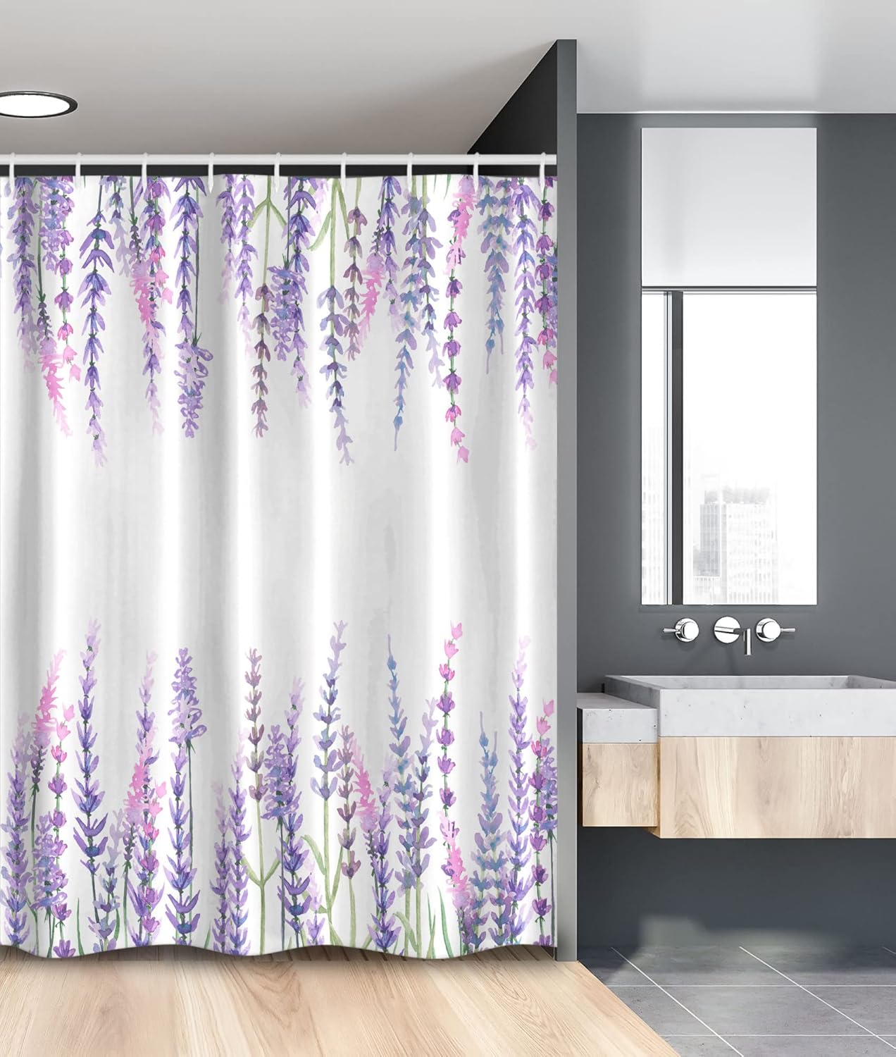 Ambesonne Purple Stall Shower Curtain, Lavender Plants Aromatic Evergreen Shrub of Mint Family Nature Oil Country Style Print, Fabric Bathroom Decor Set with Hooks, 54" W x 78" L, Lilac