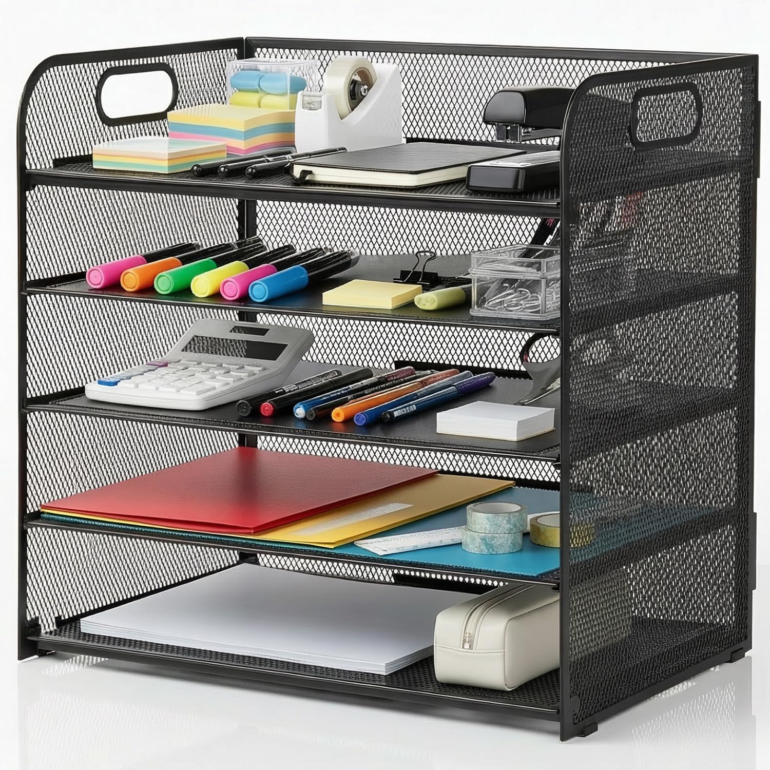 Duscdesp 5 Tier Desk Organiser with Handle,Metal Mesh File Organiser,A4 Desktop Filling Paper Tray Organizer,Desk Tidy Letter Magazine Rack for Home,Office,School (Black)