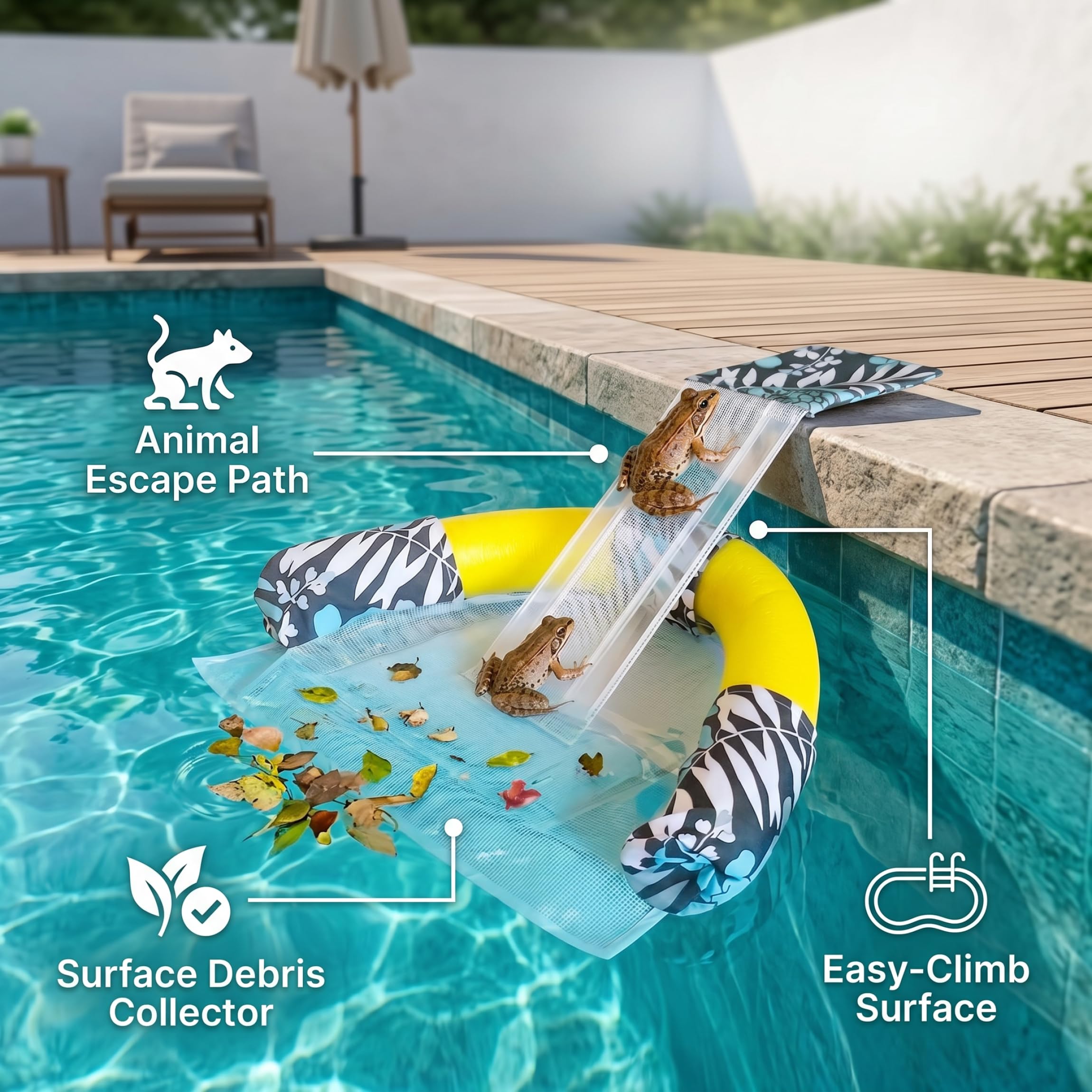 Rampe de Canard pour Piscine, Rampe d'évacuation pour Animaux de Piscine en Maille et écumoire Feuilles Double Fonction pour Grenouille, Oiseau, Canard, lézard et Plus Encore, Gardez Les Canards