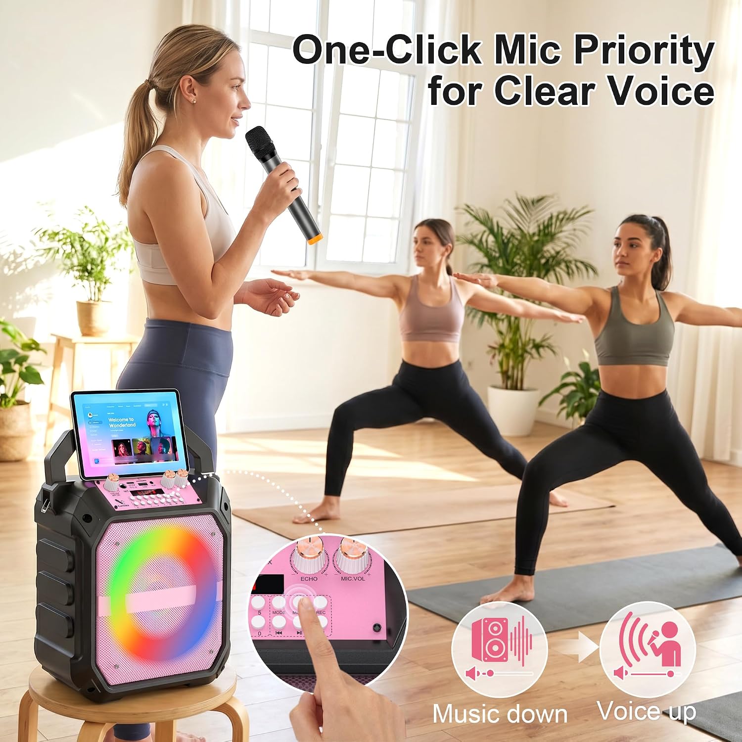 60W Coaxial Karaoke Machine for Adults Portable Singing Speaker with 2 Wireless Mics, Bluetooth Speaker with PA System, 4000mAh Battery, LED Lights & Multi-Mode Playback for Home/Outdoor Fun, Pink