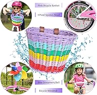 Vista 4 de Cesta de bicicleta para niñas, cesta de bicicleta ajustable para manillar delantero con serpentinas de bicicleta, juego de campana/molino de viento