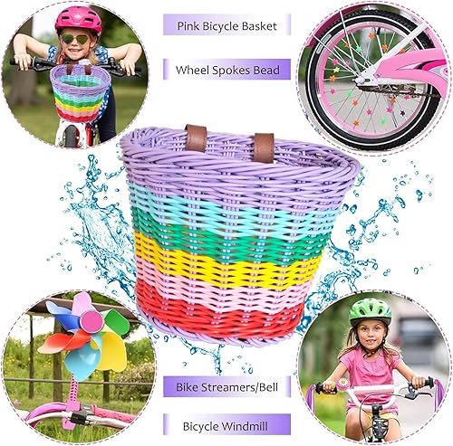 Miniatura 4 de Cesta de bicicleta para niñas, cesta de bicicleta ajustable para manillar delantero con serpentinas de bicicleta, juego de campanamolino de viento