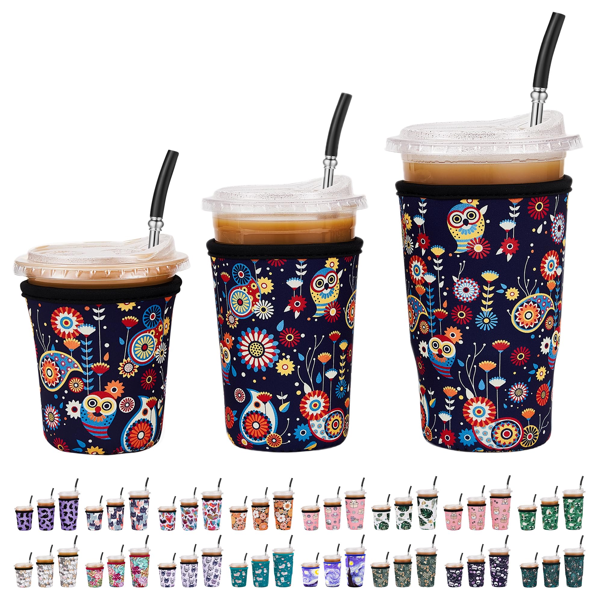 Cavllsonreusable Insulated Neoprene Iced Coffee Beverage Sleeves Cold Drink Cup Holder for Starbucks Coffee, McCafe, Dunkin Donuts, Tim Hortons and More, Owl-3 Pack