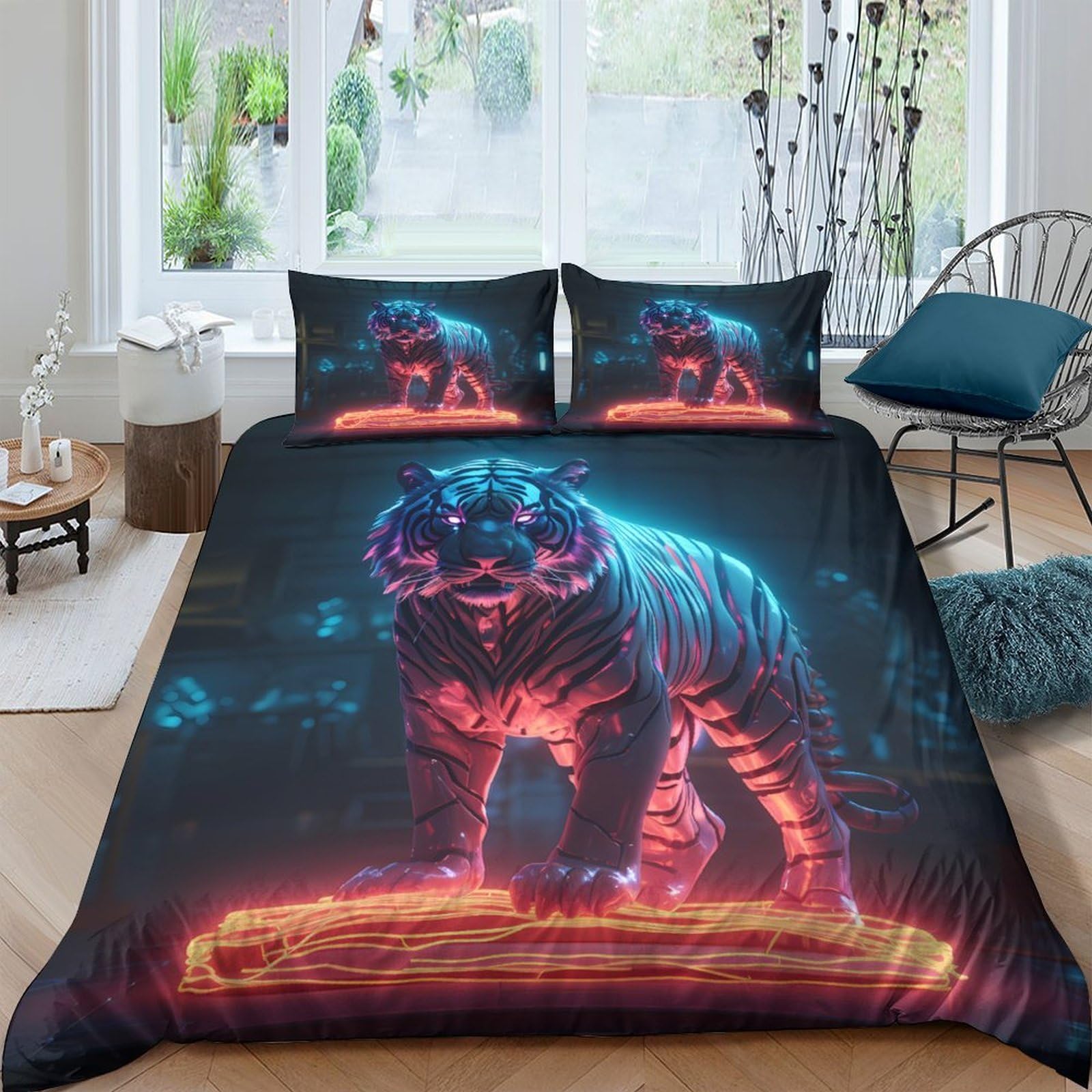 Ctjqhvkz Style-4 3D Printed Neon Tiger Fitted Sheet Microfiber Soft Breathable Futuristic Jungle Bed Cover For Bedroom Dorm Mattress Decor Single（135X200cm）