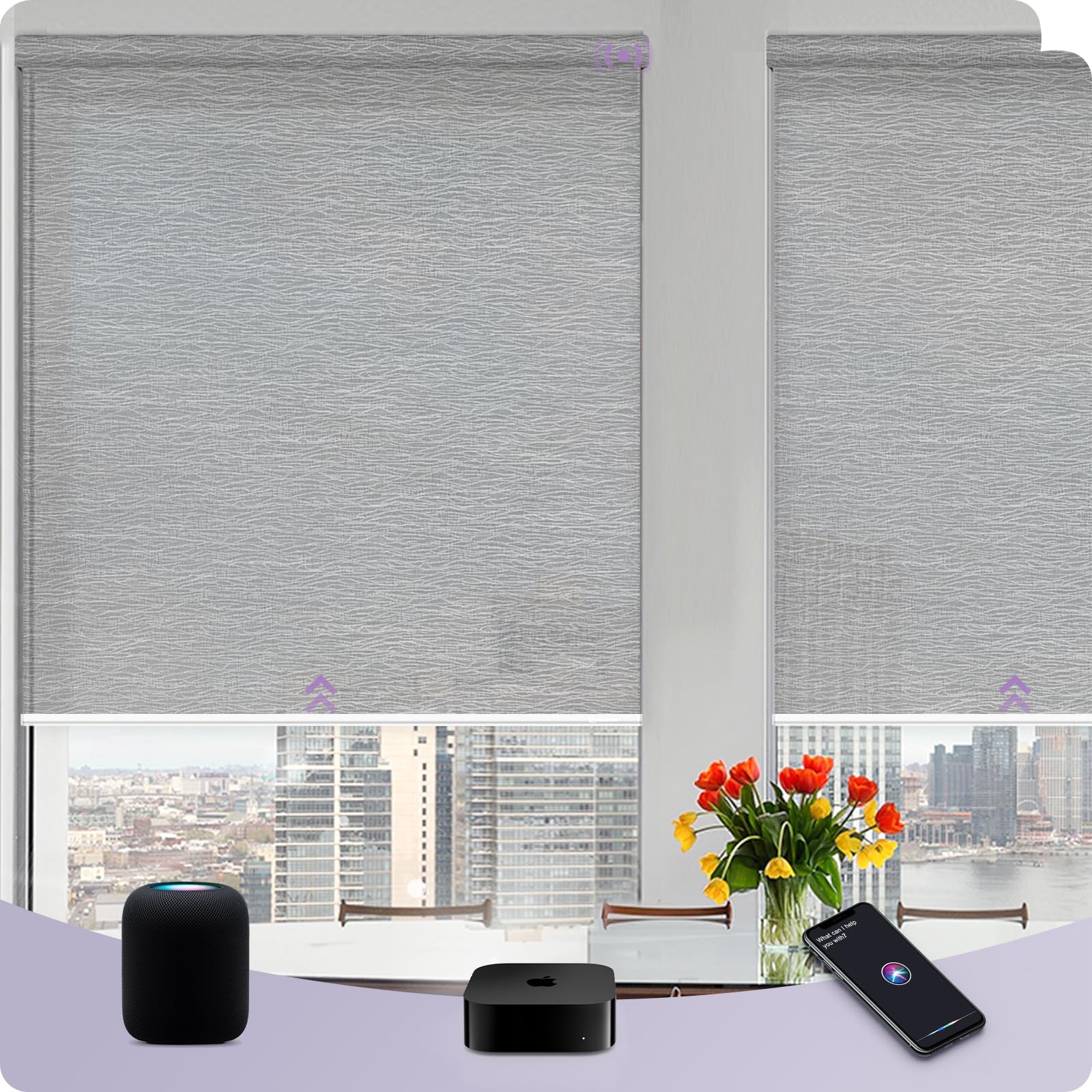 Graywind HomeKit Light Filtering Shades Eve Powered Siri Voice Control Home App Rechargeable Smart Blinds with Valance Custom Size (Mixwave Grey)