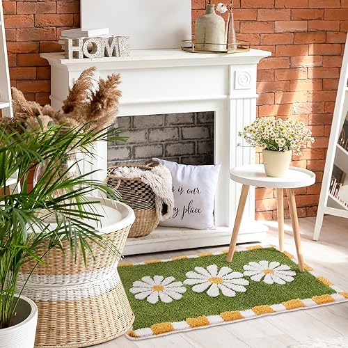 Miniatura 5 de Panstar Alfombras de baño con diseño de flores verdes, antideslizantes, estilo bohemio, suave y absorbente, alfombra de ducha de felpa lavable (30 x