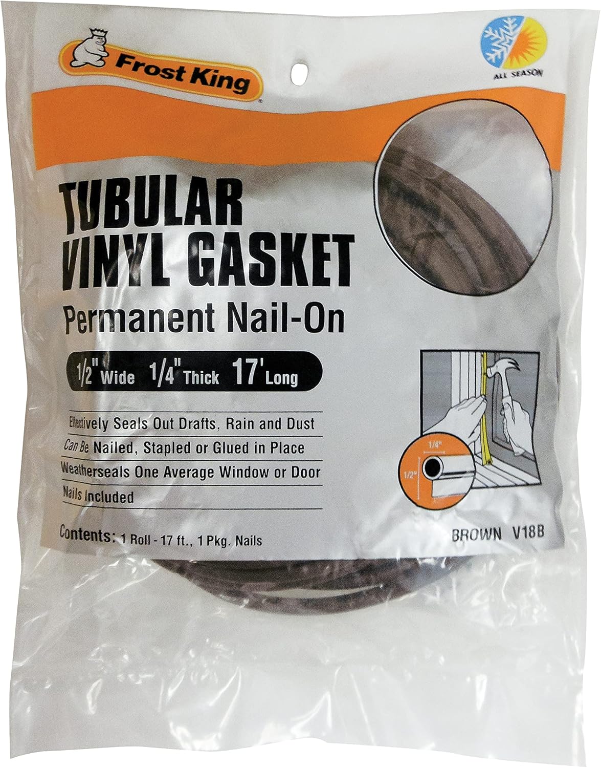 Frost King V18BH Tubular Vinyl Gasket, 1/2in Wide x 1/4in Thick x 17ft Long, Brown, 1/2" x 1/4" x 17'