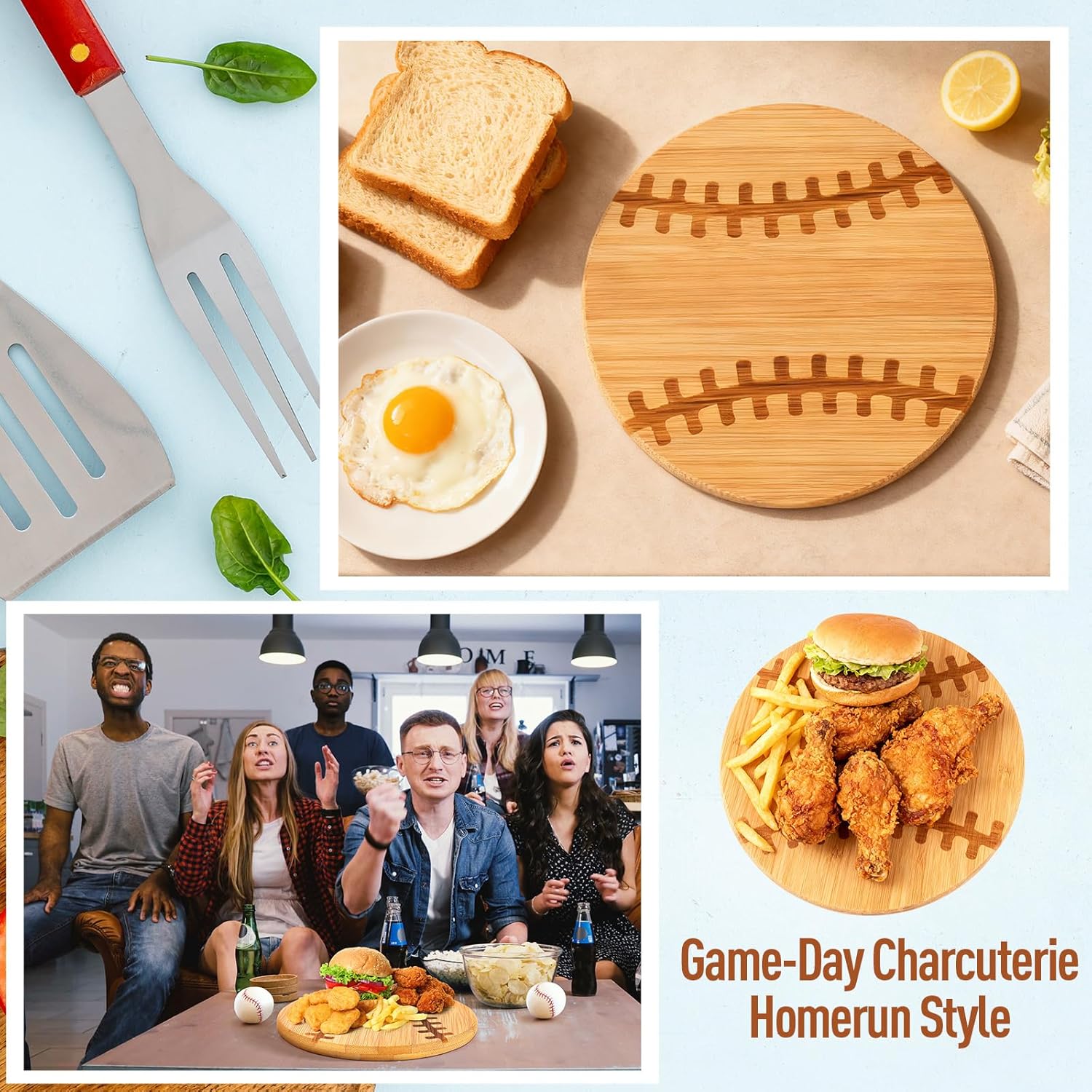 6 Pcs Baseball Gifts Baseball Bamboo Wood Cutting Board 6 Inch Bamboo Wood Serving Tray Platter for Men Sports Lovers Gift Holiday Party Decoration Favor Kitchen Supplies