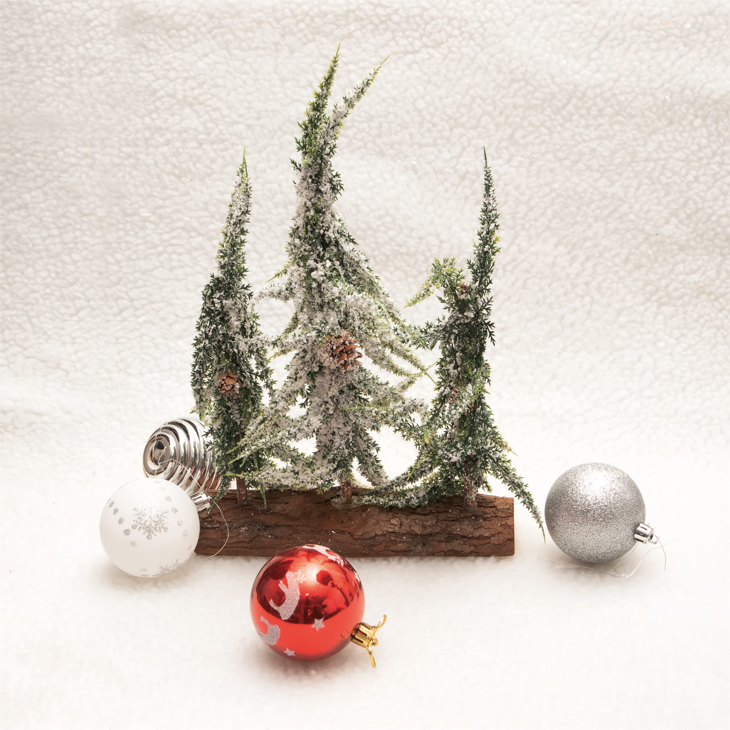 St Helens Home & Garden Decorative Snow Topped Mini Christmas Tree Display On Log - 3 Trees Of Varying Heights