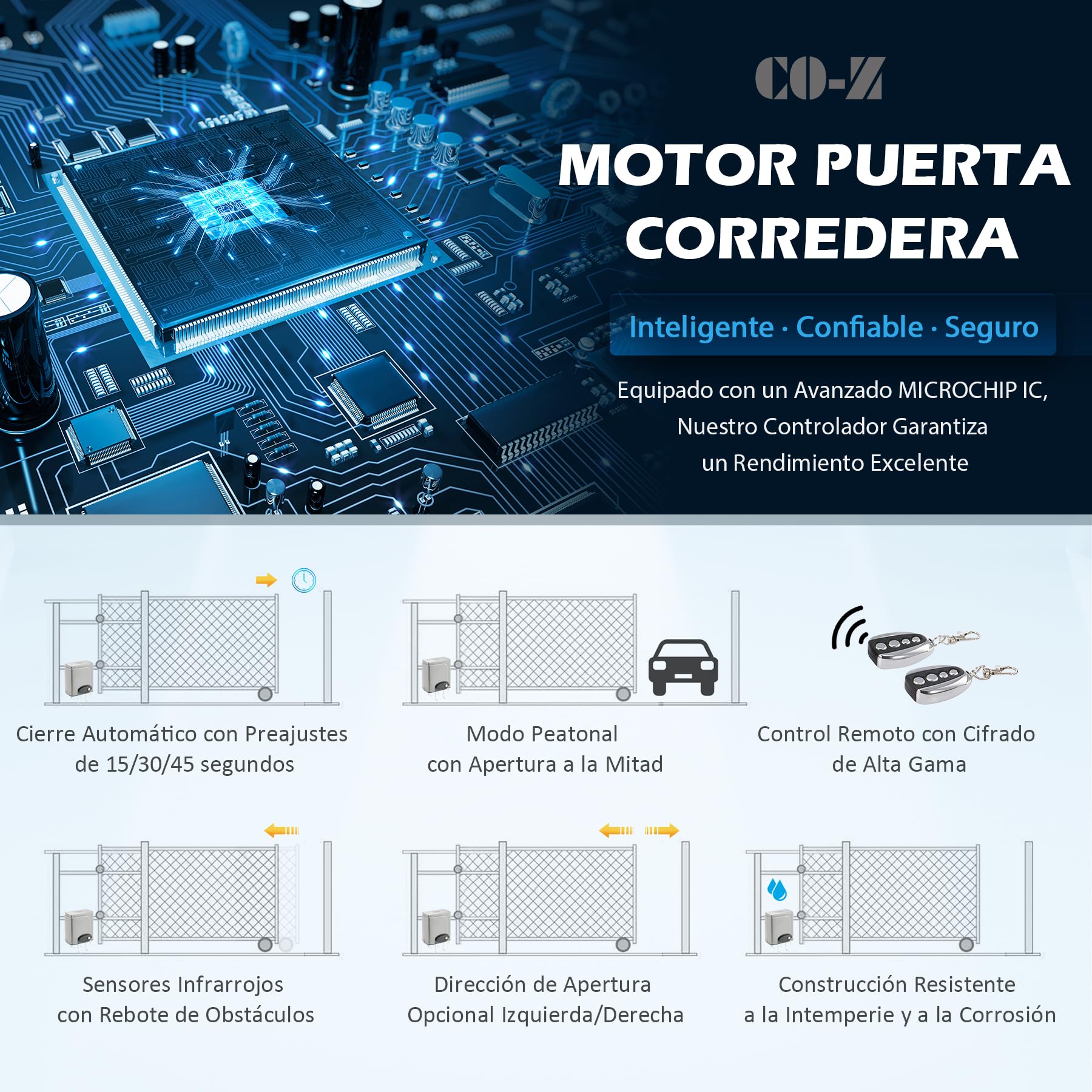 CO-Z 400W Motor Puerta Corredera 1000KG Motor para Puerta Corredera con 12x0.33M Cremallera de Nailon, 2 Control Remoto y Sensores Infrarrojos + 1m Cremallera de Nailon Más