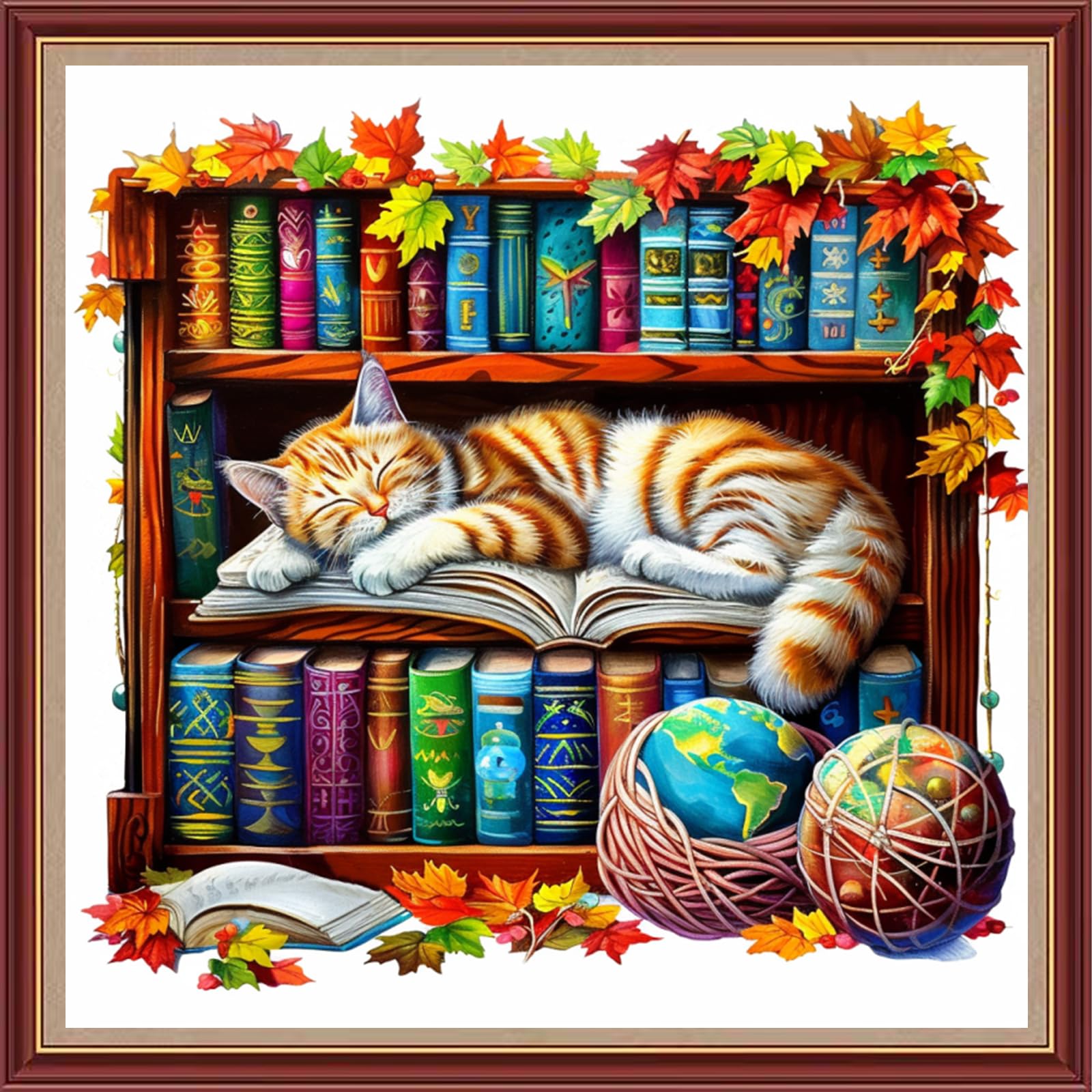 Fanxvivy Stamped Cross Stitch Kits for Beginners Full Range of Cross Stitching Preprinted Embroidery Kits for Adults, 11CT Embroidery Pattern Needlepoint Kits-cat Sleeping Bookshelf 18x18 inch