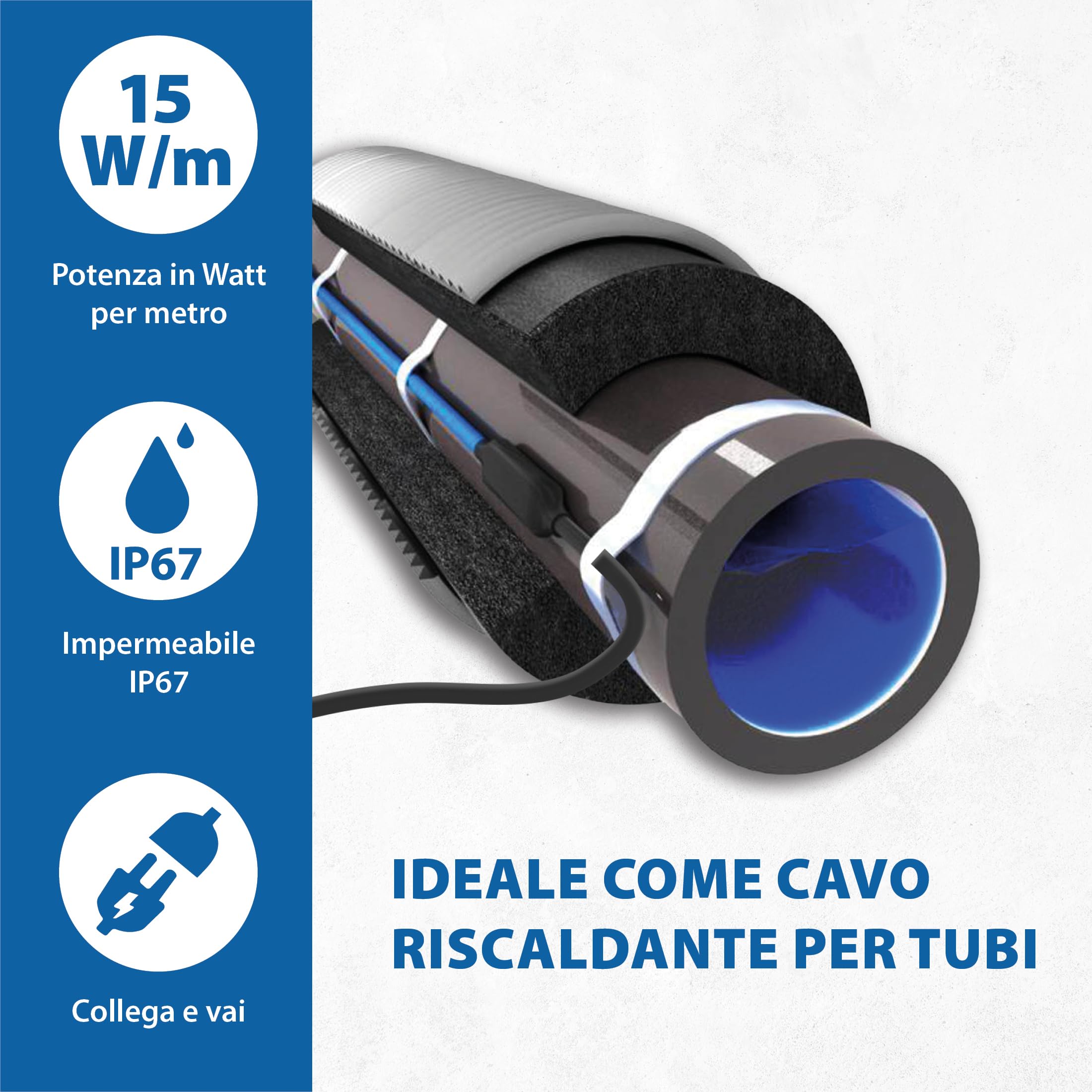 Cavo elettrico antigelo 15 W/m per tubi, condutture, serbatoi - Riscaldamento ausiliario Riscaldamento antigelo Cavo riscaldante - Lunghezza 12 m con termostato integrato +5 °C on / +15 °C off