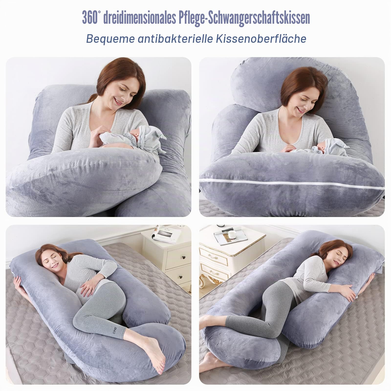Labtec Schwangerschaftskissen, U förmiges Ganzkörperkissen, Stillkissen, J-förmiges Seitenschläferkissen, Body Pillow, Abnehmbarer Samt-Kopfkissenbezug