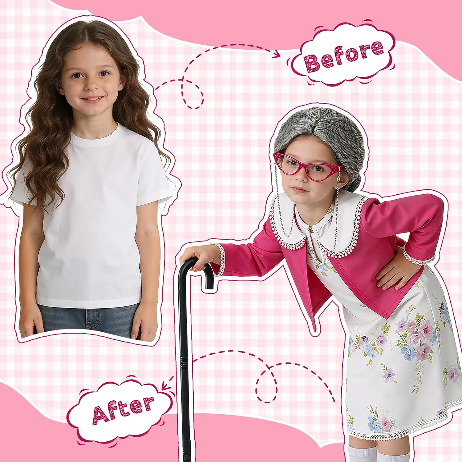 Latocos Girls Old Lady Costume Kids 100 Days of School Costume 100th Day of School Granny Grandma Cardigan Dress Up Set image 4