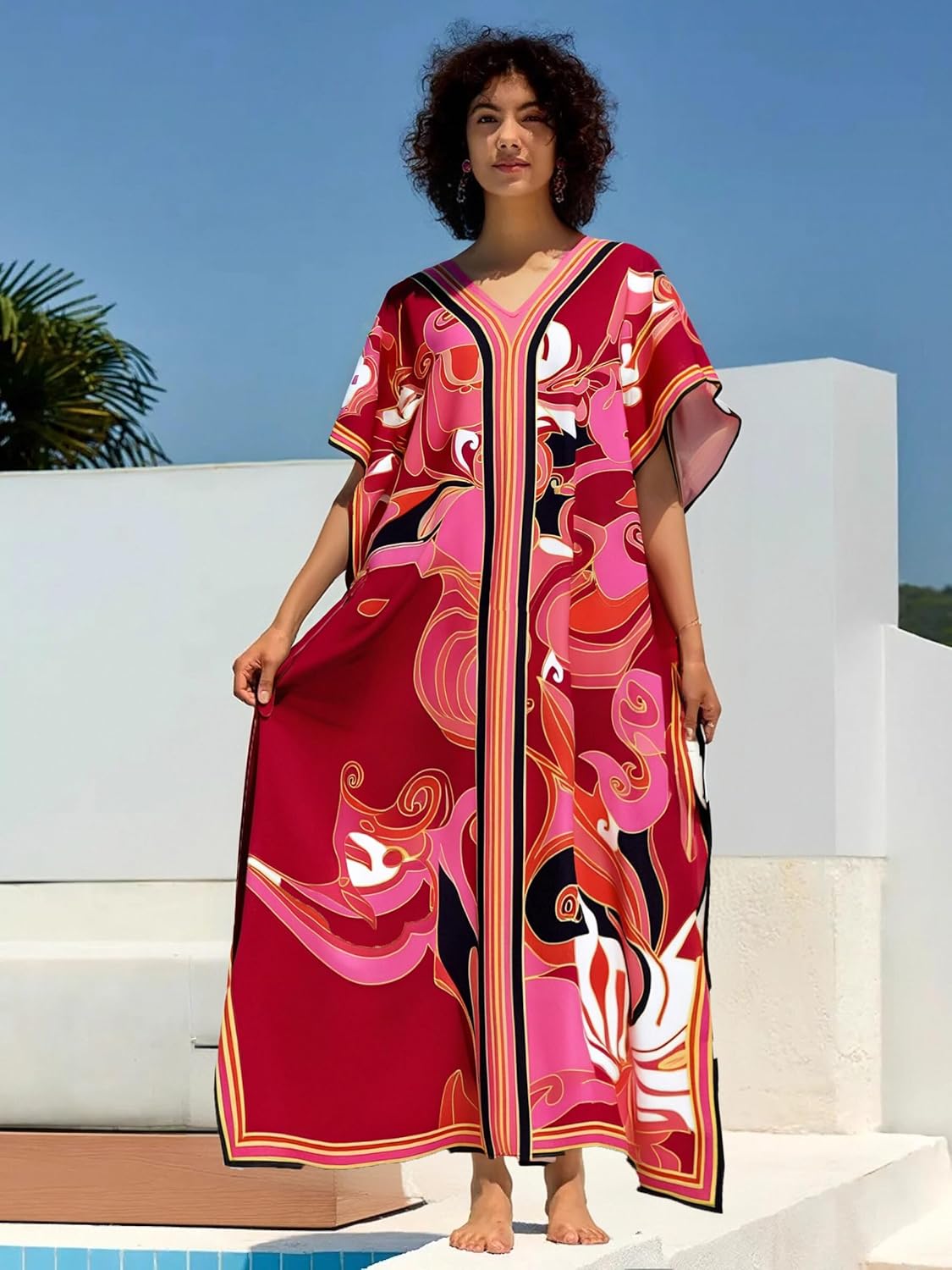 Cashew Flower Silk Caftan Women Vneck beach Cover up Caftans Loose Plus Size Floral Print Side Split Kaftan Dresses - Image 5