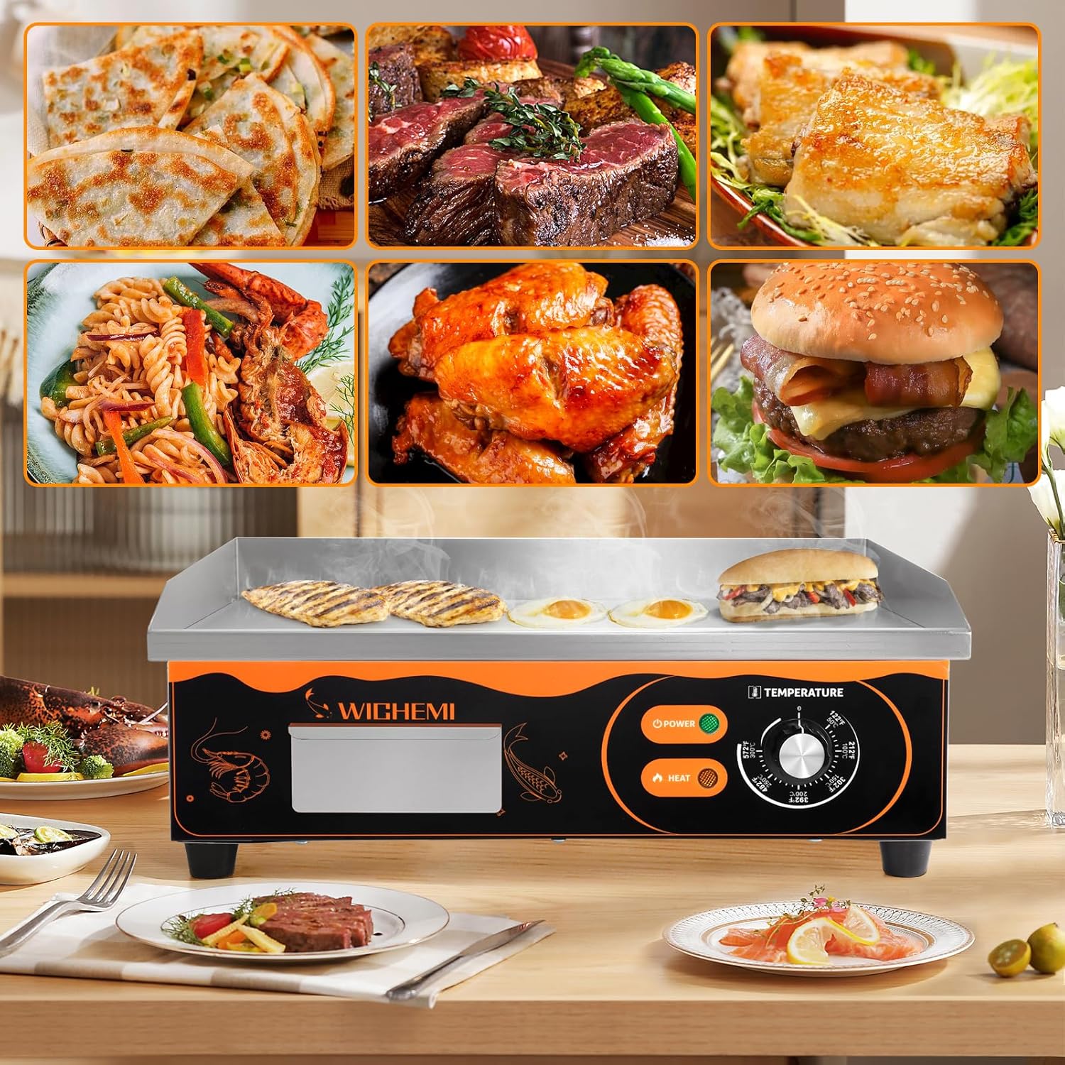 WICHEMI 22" Electric Grill Commercial Countertop Griddle Flat Top Grill Hot Plate Non-Stick Stainless Steel Teppanyaki Grill for Restaurant Kitchen, 110V 3000W