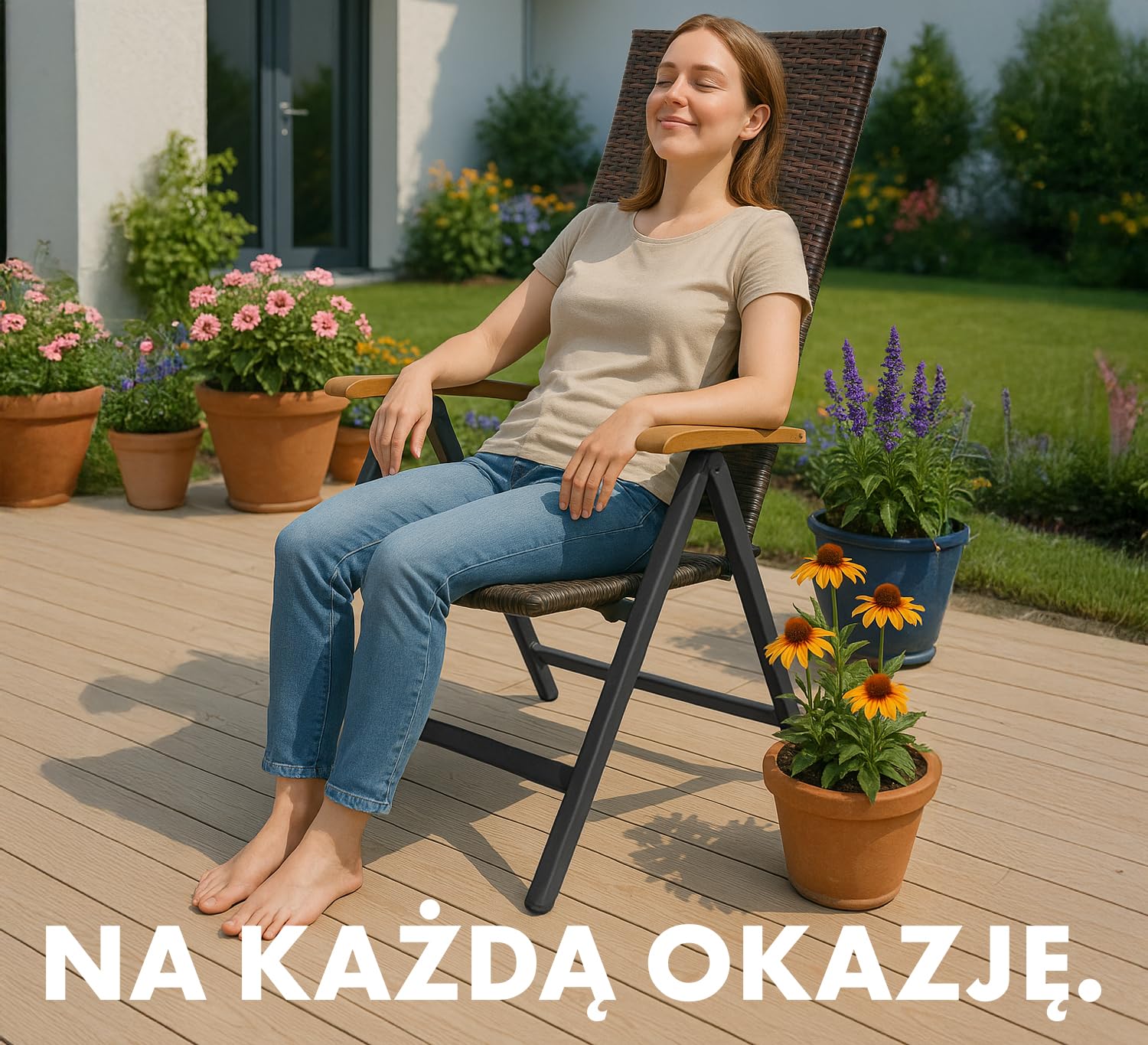 BRUBAKER Modena Krzesło Ogrodowe z Wysokim Oparciem - Metalu i Technorattanu - Składane - 7 Pozycjach Oparcia – Odporne na Warunki Atmosferyczne – Brązowo-Szare