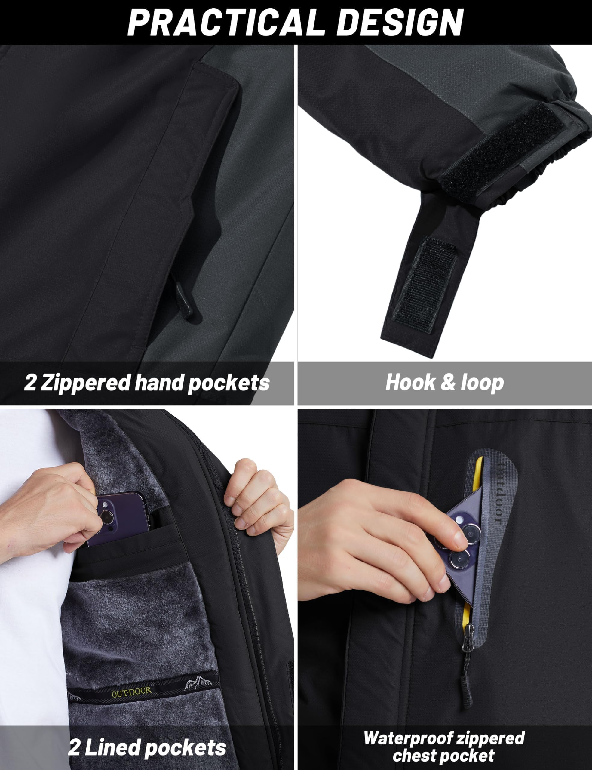 TACVASEN Chaqueta de Senderismo Impermeable para Hombre Cálida Chaqueta de Lana Chaqueta de Esquí al Aire Libre Chaqueta con Capucha