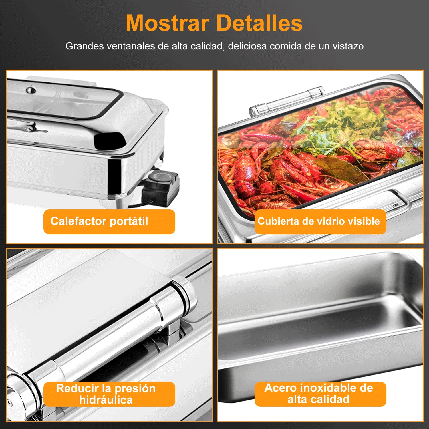 9L Chafing Dish Electrico de Acero Inoxidable, Calentador de Comida Comercial Temperatura Ajustable para Buffet, Calentador de Buffet con con Tapa Visible (1/3 Pan)