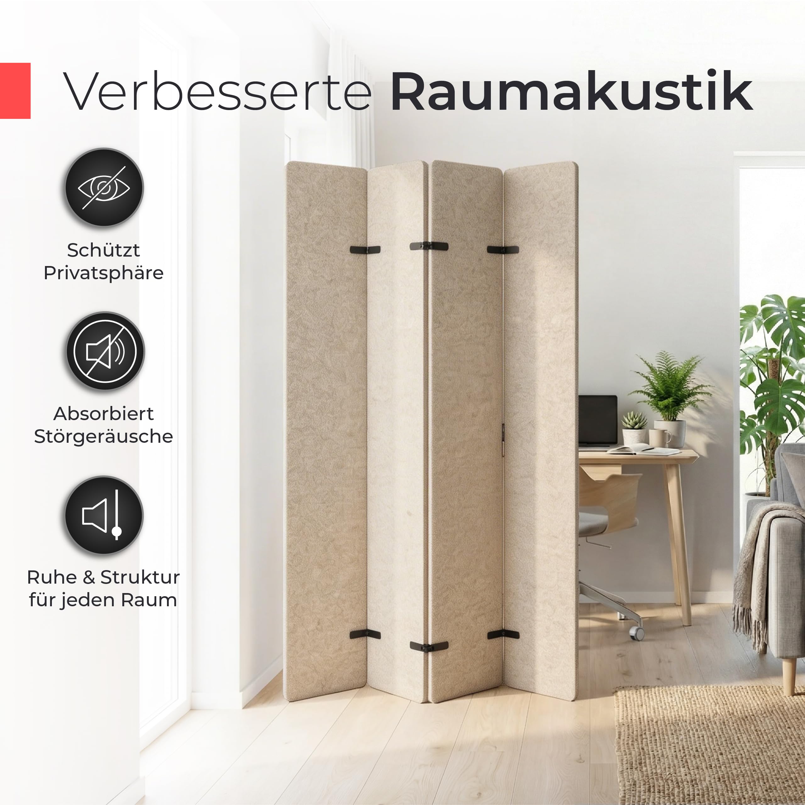 Paravent Acoustique Pliable – 2 m de Hauteur x 1,60 m de Longueur | Feutre Acoustique Beige 200x160cm – paravent à 4 Panneaux Pliable pour Isolation phonique et séparation visuelle