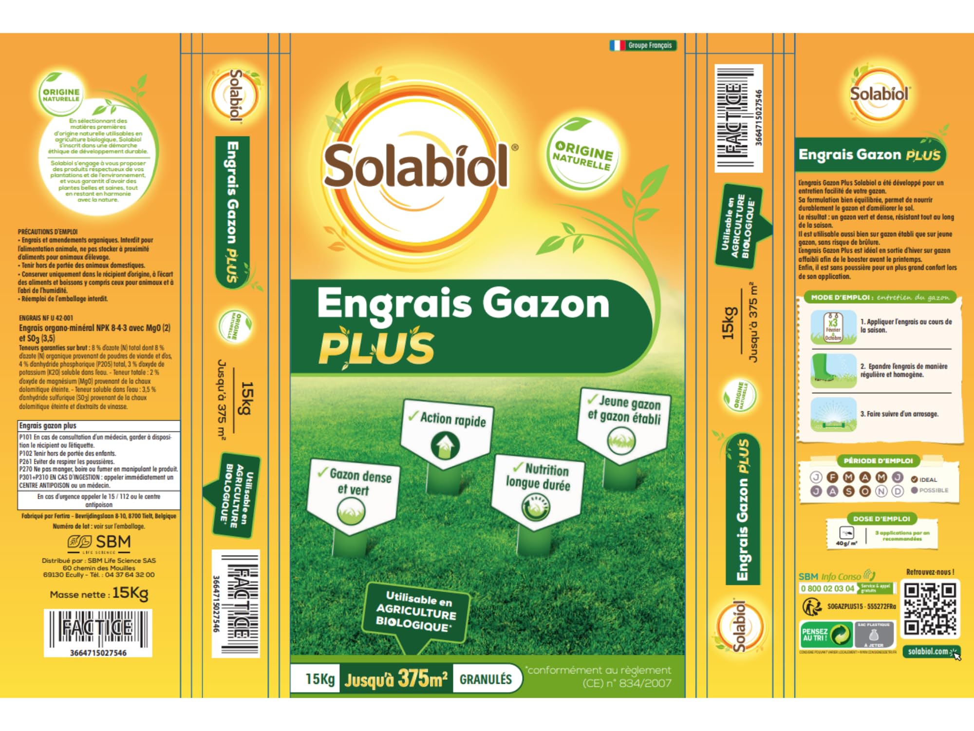 SOLABIOL Engrais Gazon Plus 15 kg Granulés Jusqu'à 375m² Nutrition Longue Durée
