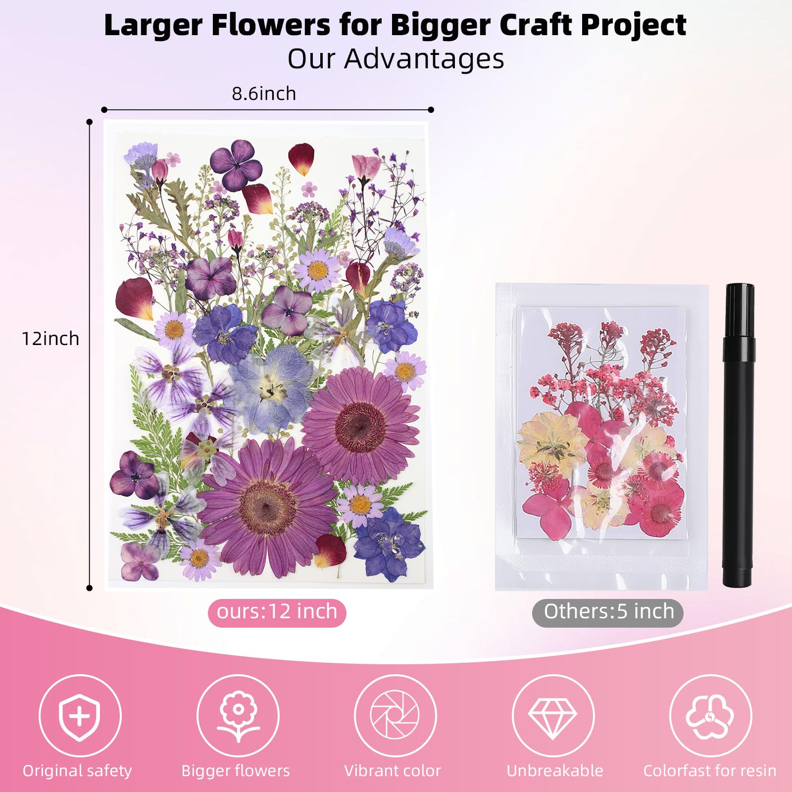 ZMRU Grandes fleurs séchées pressées en vrac de 30,5 cm pour cadre en verre, véritables feuilles de fleurs naturelles séchées pour moule en résine, décoration de gâteau, décorations de vacances, étuis