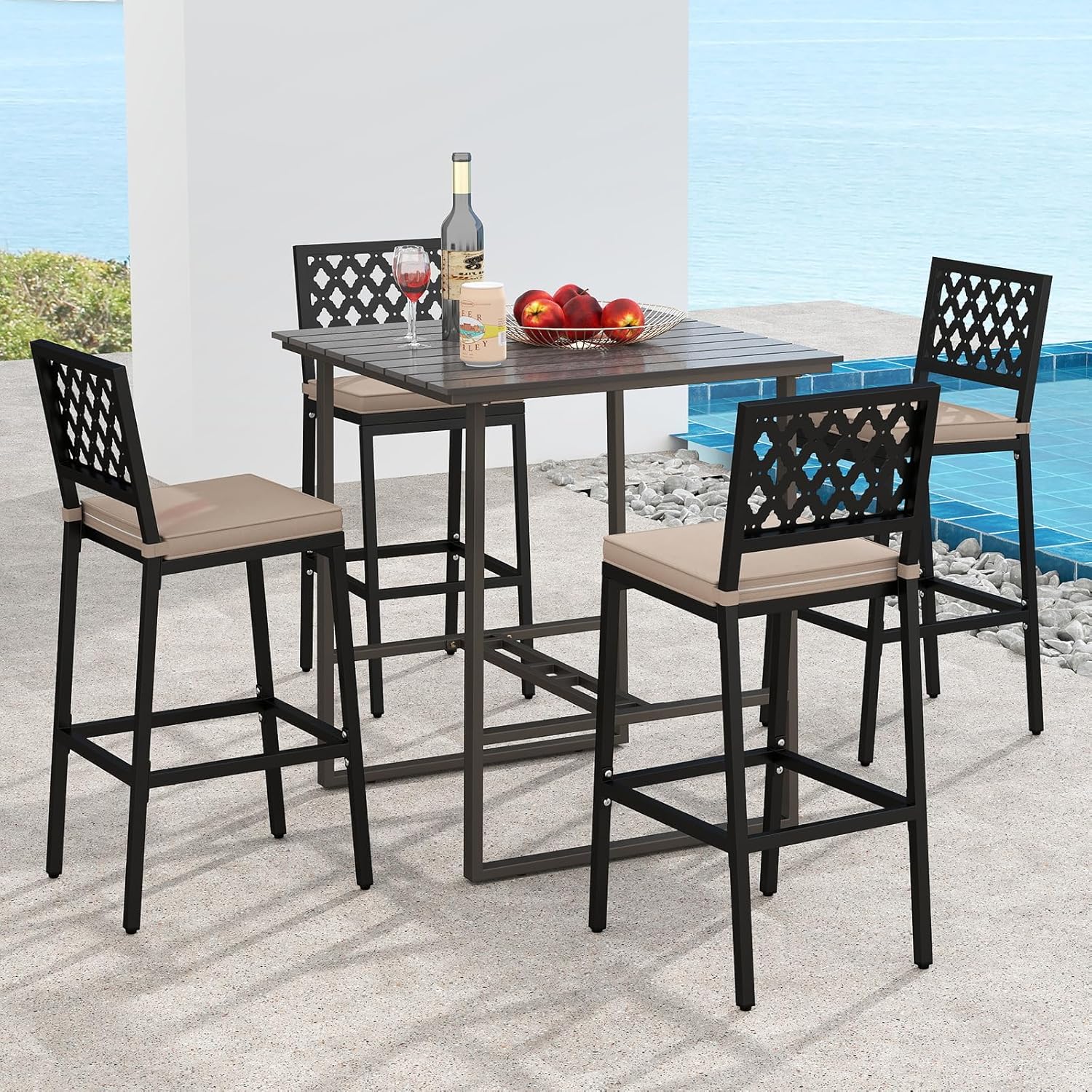 HAPPYGRILL Outdoor Bar Stools Set of 4, Modern Bar Height Armless Chairs w/Exquisite Backrests, Humanized Footrests, Removable Soft Cushions, Patio Metal Bar Stools for Porch, Deck, Yard (4)