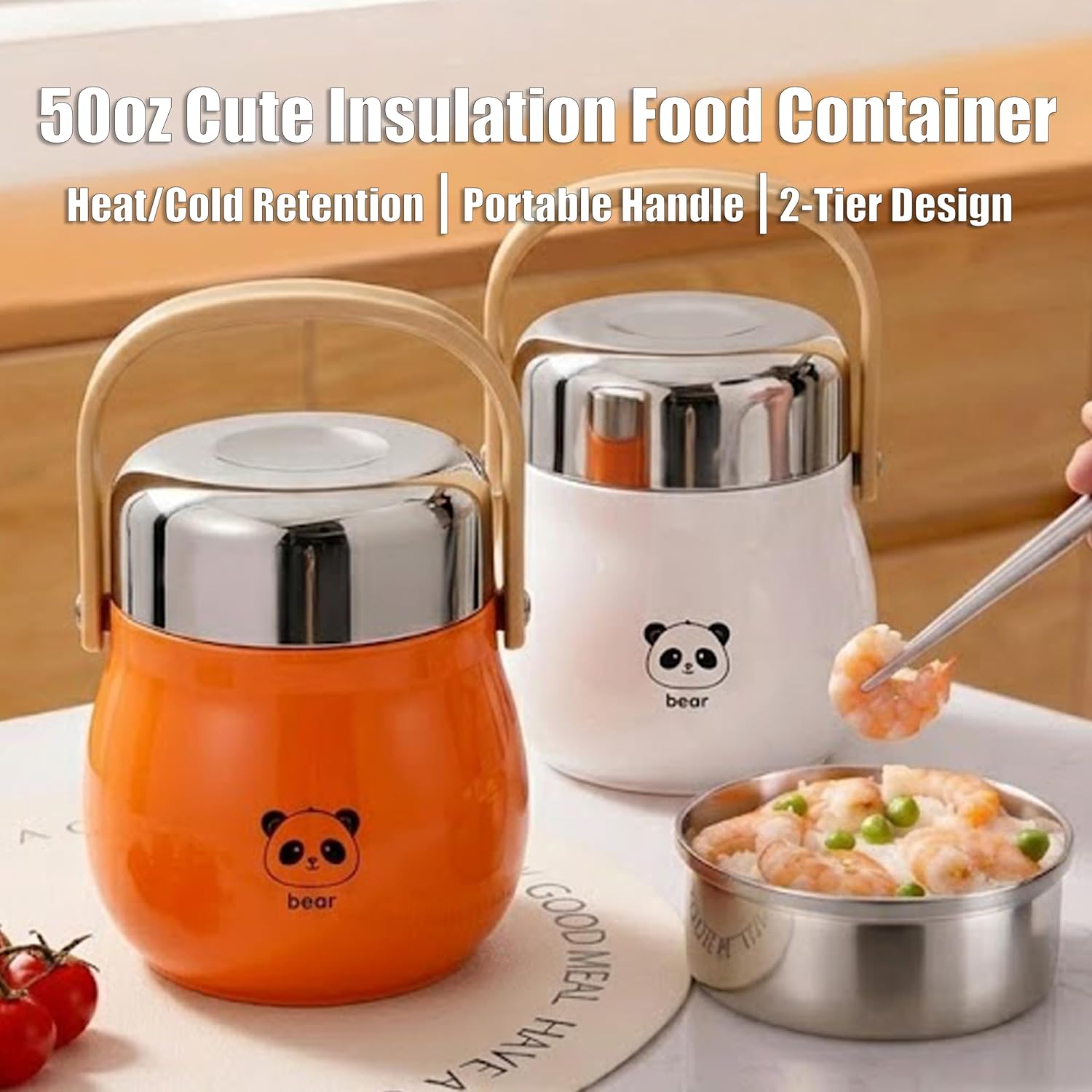 50oz Stainless Steel Vacuum Panda Pattern Food Jar Portable 2-Tier Lunch Container with Meal Prep Bowl and Handle for Office Picnic and Camping Activities (Orange)