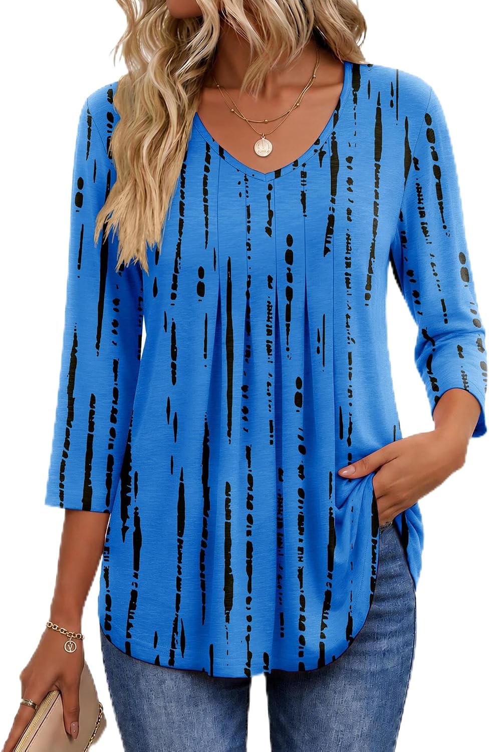 Ekouaer 3/4 Length Sleeve Womens Tops V Neck Blouses Pleated Casual Shirts