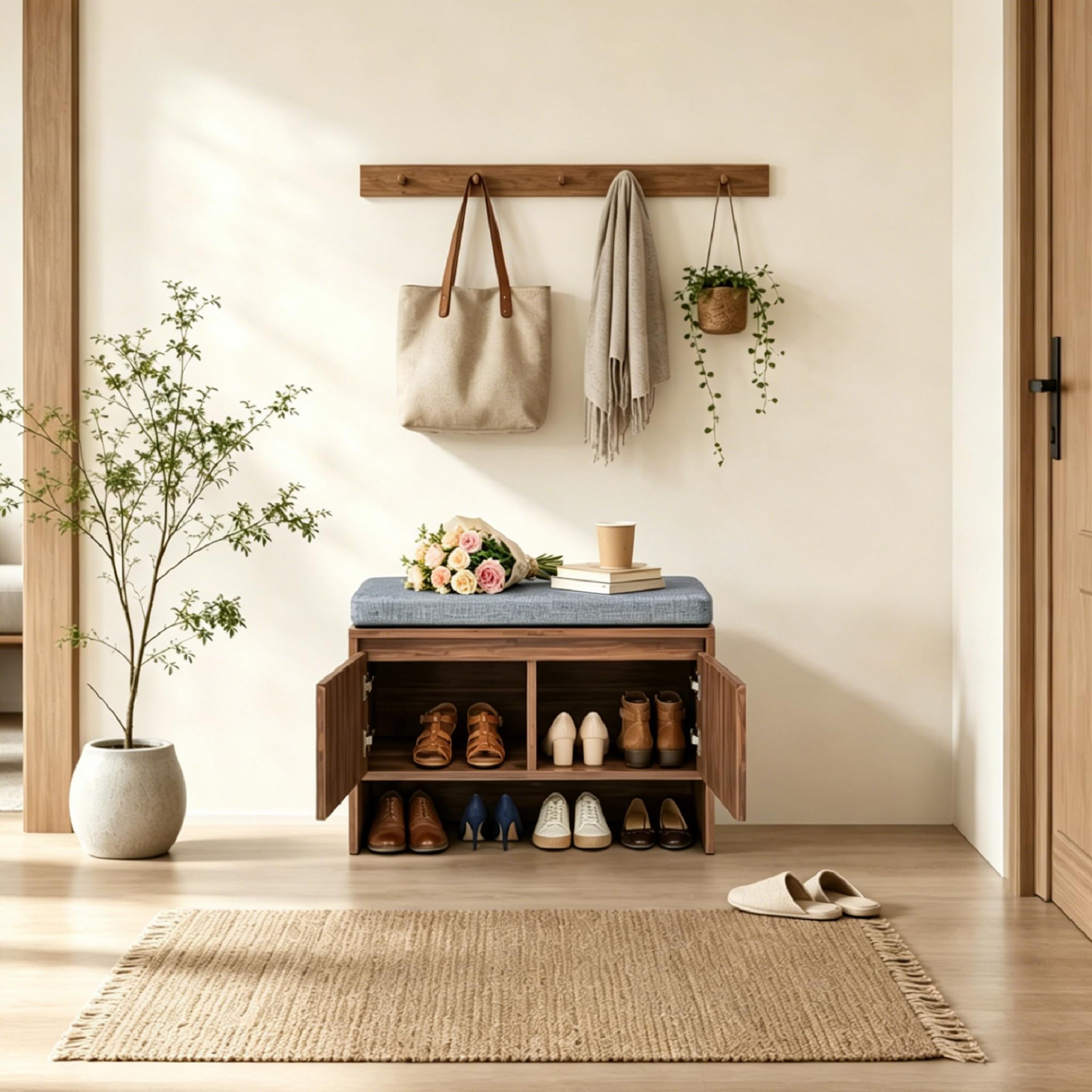 Schuhbank mit Sitzfläche und Stauraum in Walnuss Optik, Moderne Sitzbank Flur mit Lamellen Design, gepolsterte Schuhkommode mit Soft Close Türen, Elegantes Flurmöbel 65 cm