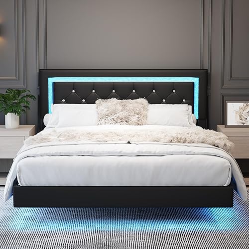 Miniatura 9 de KEIKI Base de cama de plataforma flotante tamaño Queen con cabecera capitonada de diamante, cama tapizada con luces LED, 5.7 pulgadas de espacio